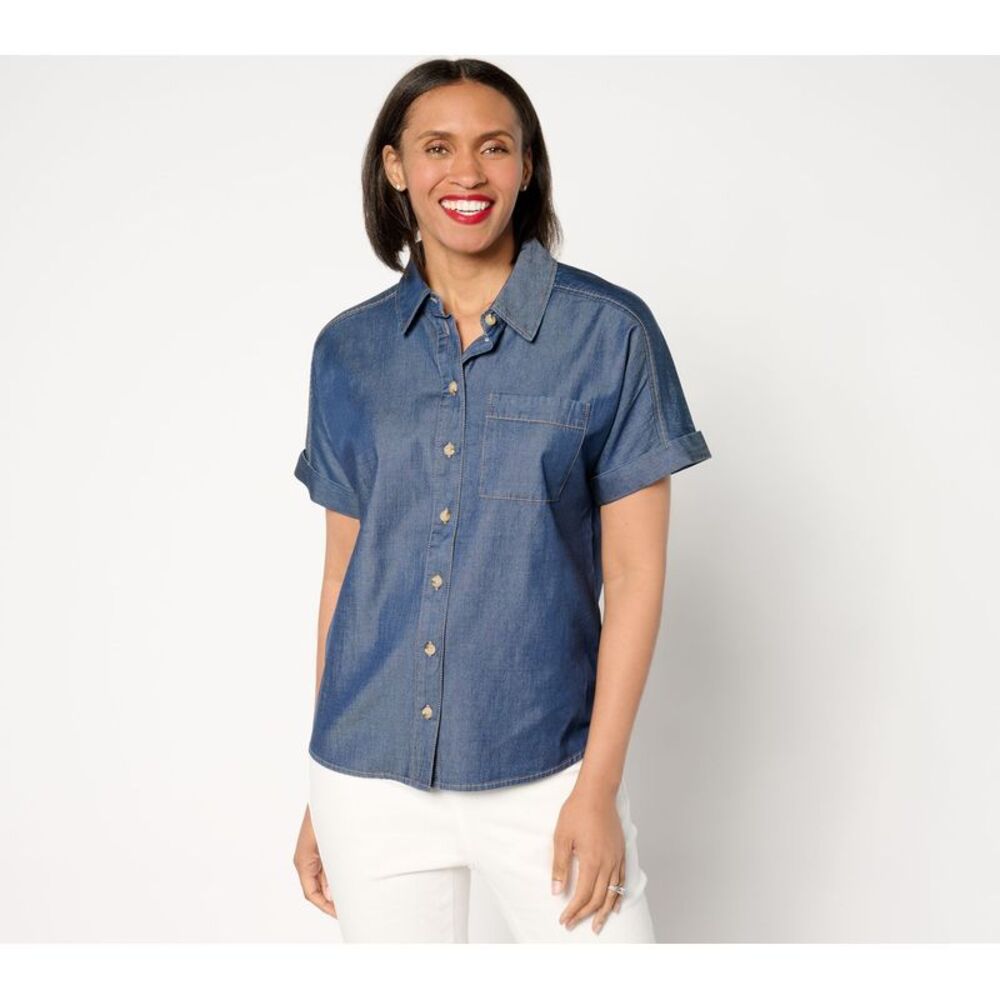 Liberare Women's Top Sz XS Short-Sleeve Button-Front Lyocell Blue A647305